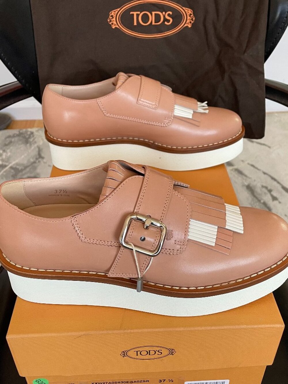 Tod's Tan Leather Platform Loafers with White Fringe
